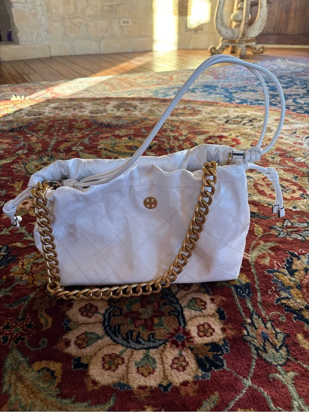 Tory Burch White Quilted Shoulder Bag with Gold Chain